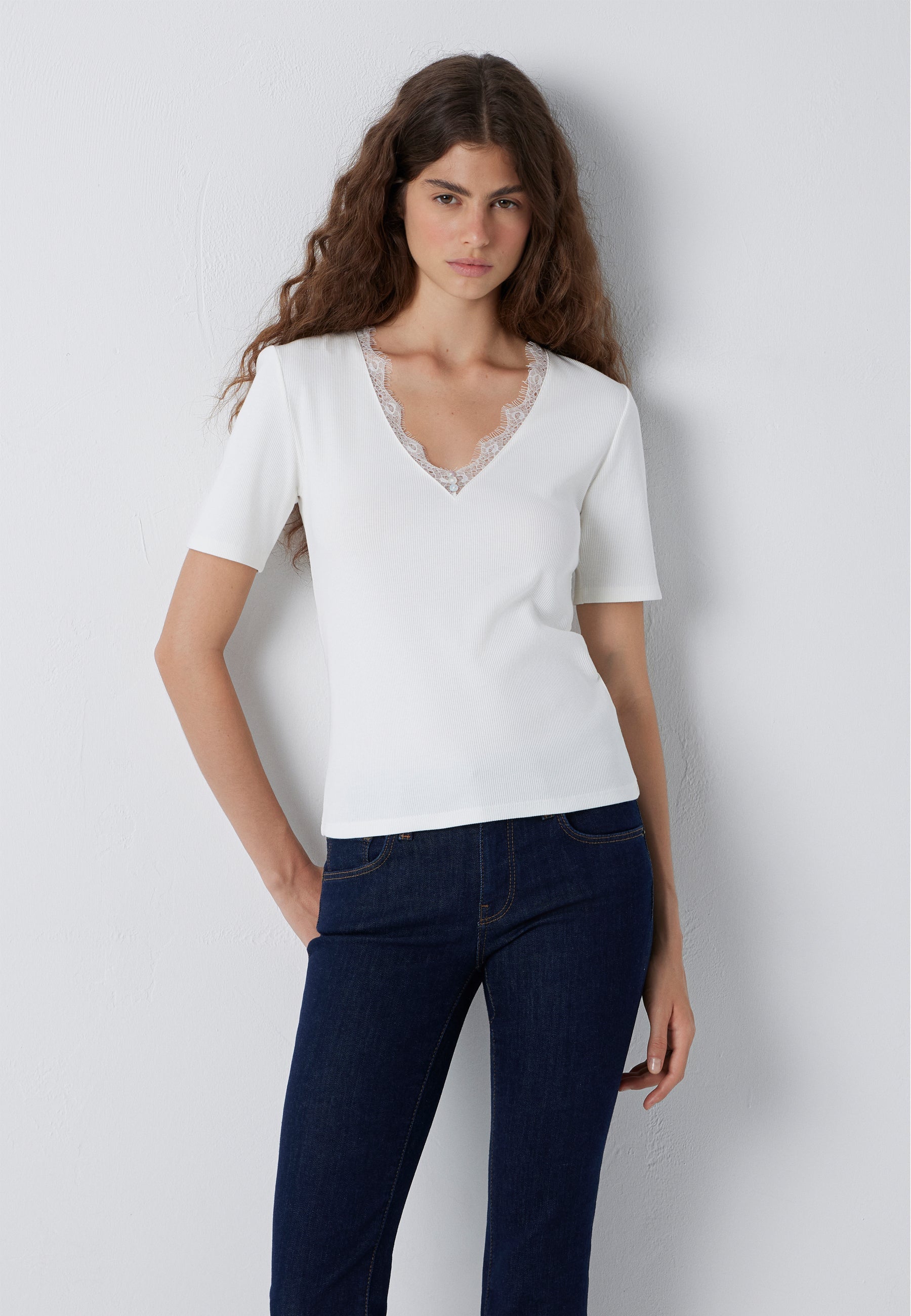 V NECK FASHION JERSEY | Top mit Spitze