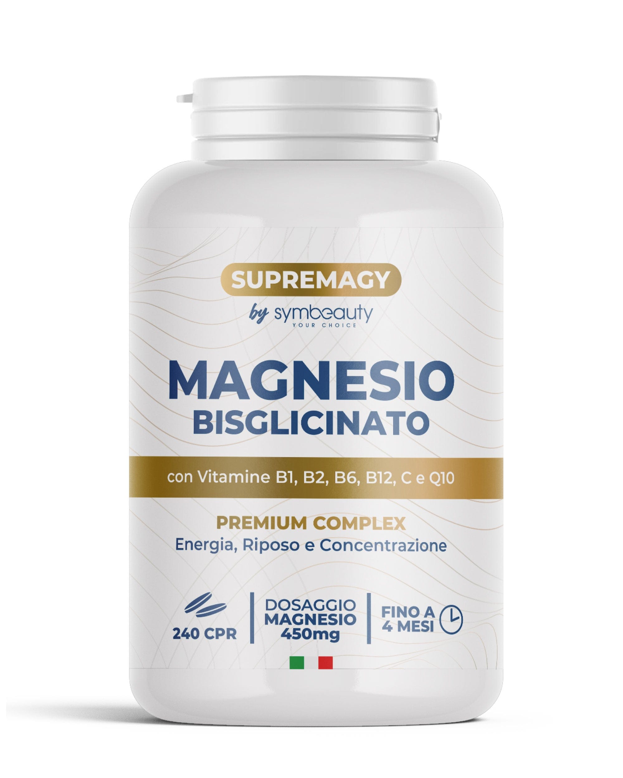 SYMBEAUTY Magnesio Bisglicinato 450mg | 240 compresse con Vitamine B1, B2, B6, B12, C, Q10 - Durata 4 mesi
