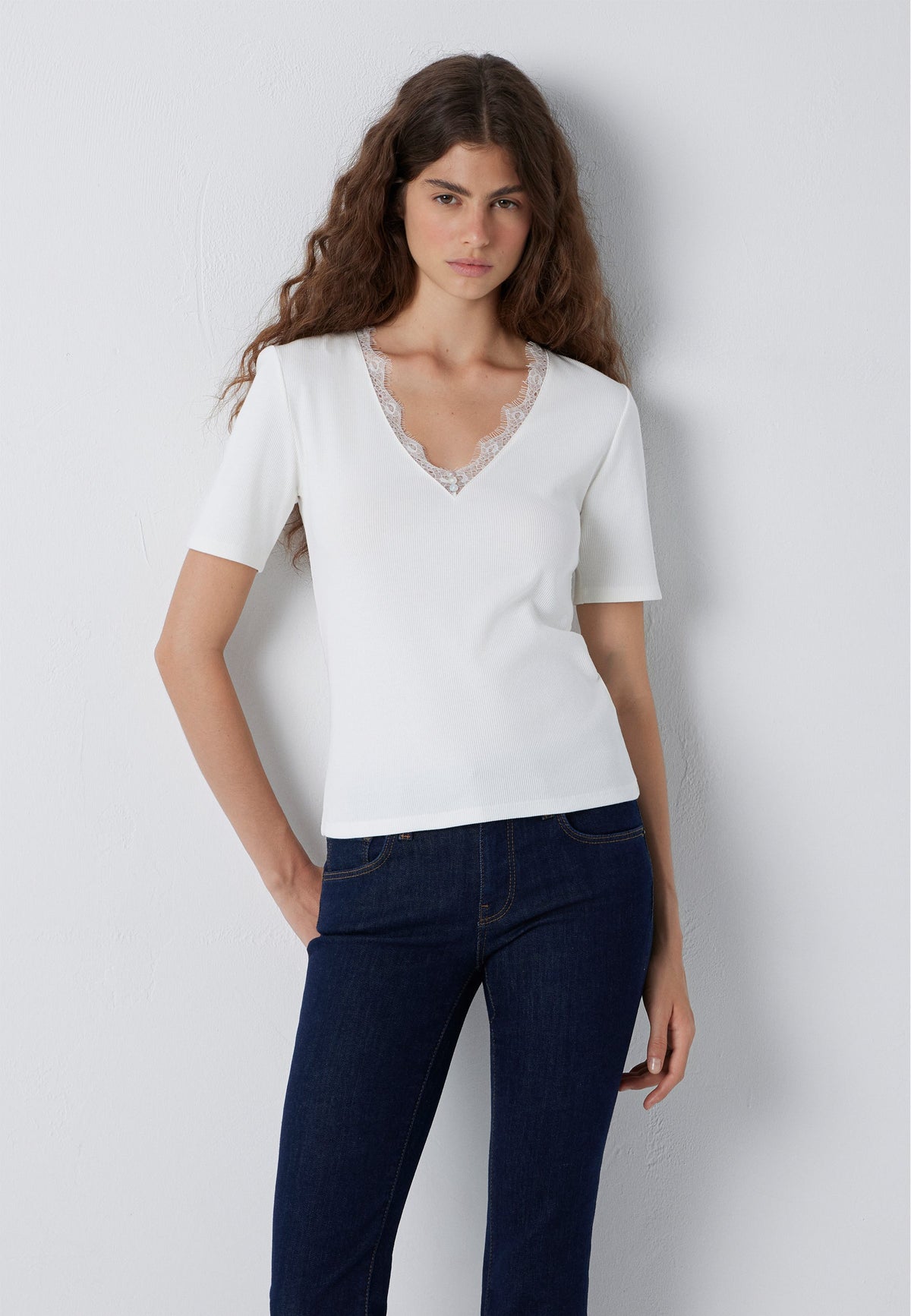 V NECK FASHION JERSEY | Top mit Spitze