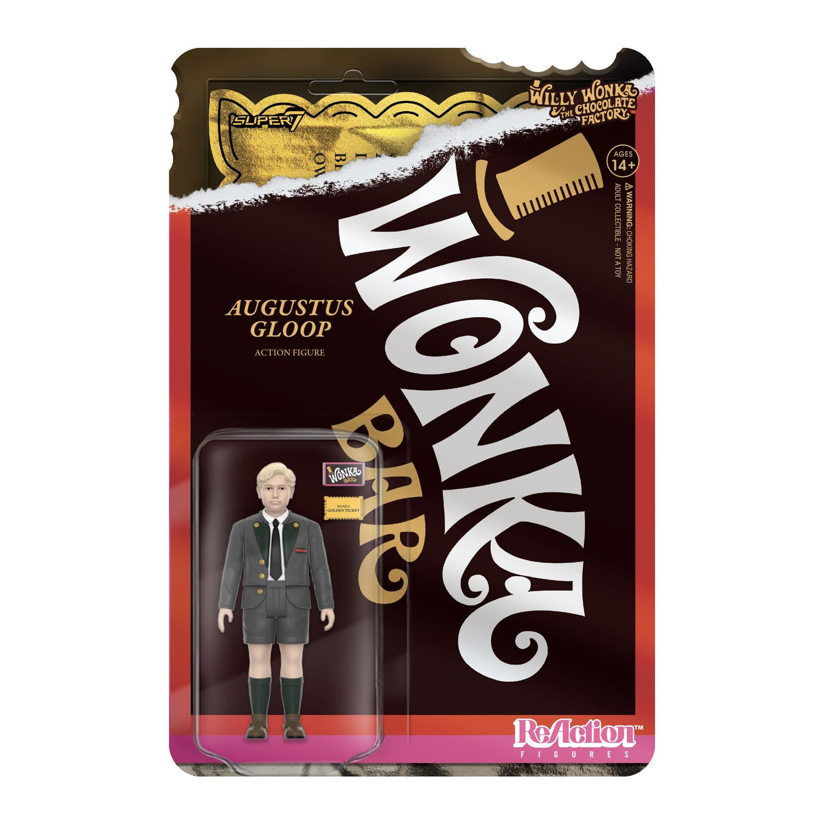 Willy Wonka The Chocolate Factory ReAction Figures Wave 02 packaging for Augustus Gloop with gold foil artwork